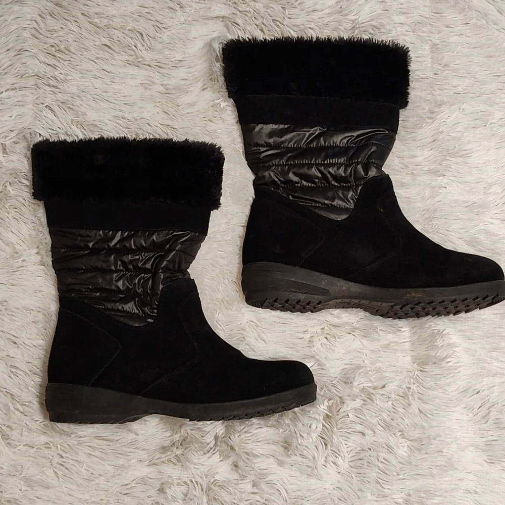 Lands' End Womens Suede Pull-On Quilted Winter Snow Boots Black Faux Fur Trim 10